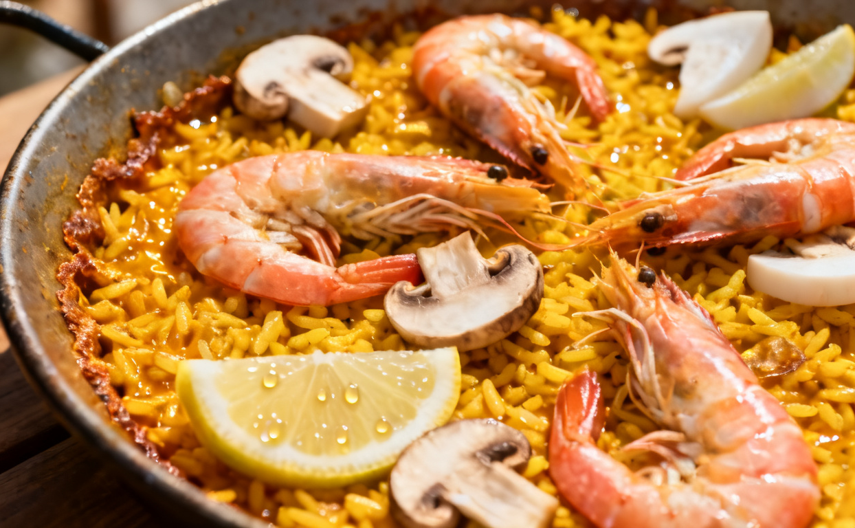 Паэлья с грибами и креветками