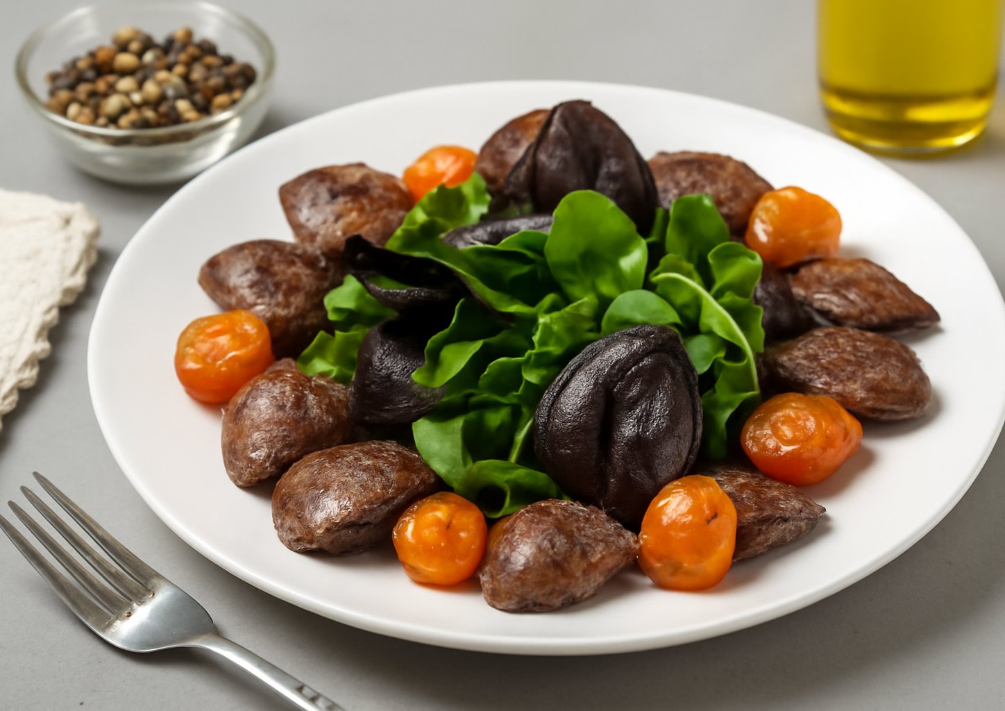 Тёплый салат с печенью, салатным миксом и виноградом