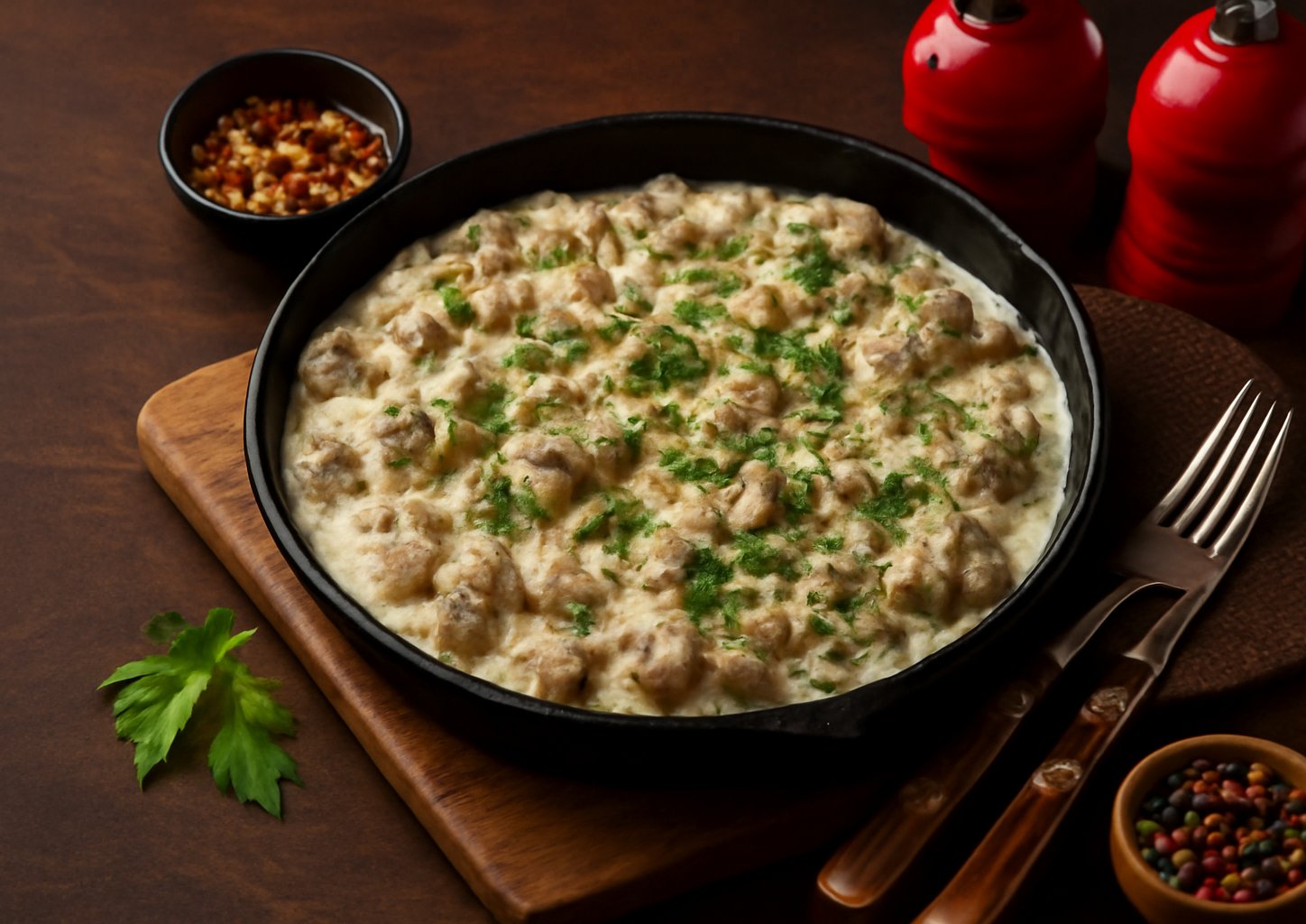 Куриная печень под сметанным соусом