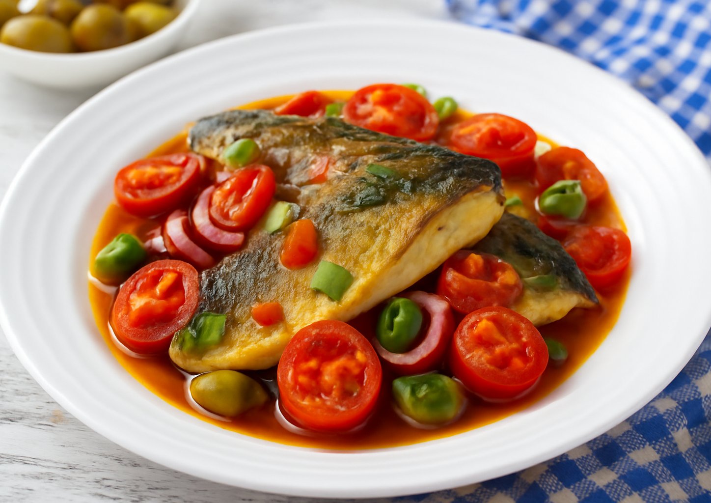 Сёмга в белом вине с маслинами