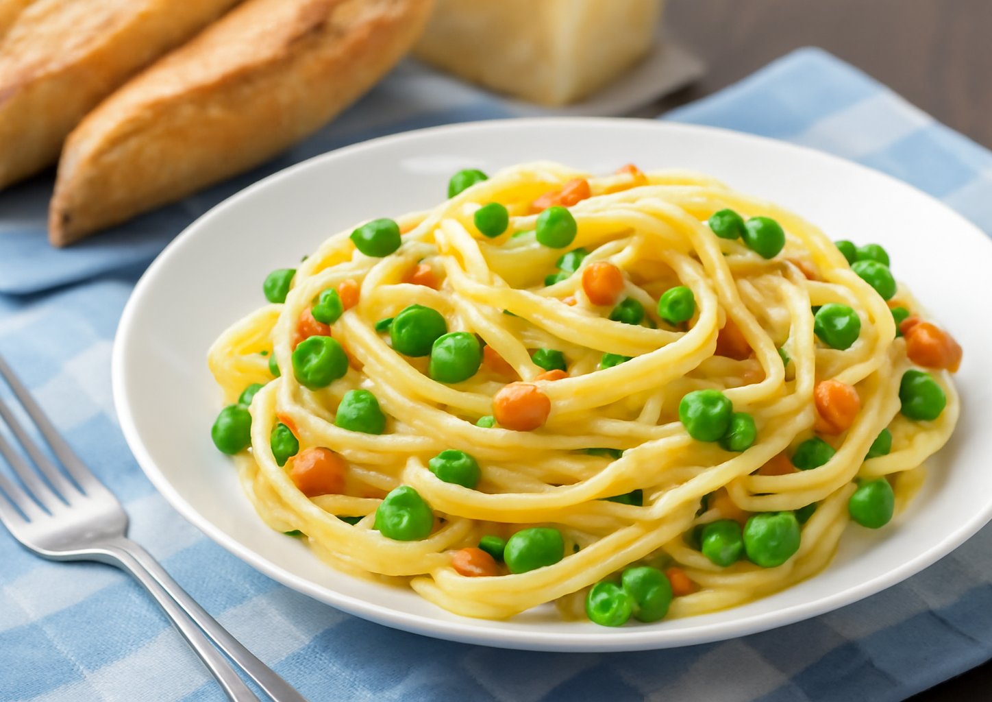 Спагетти с беконом и молодым горошком