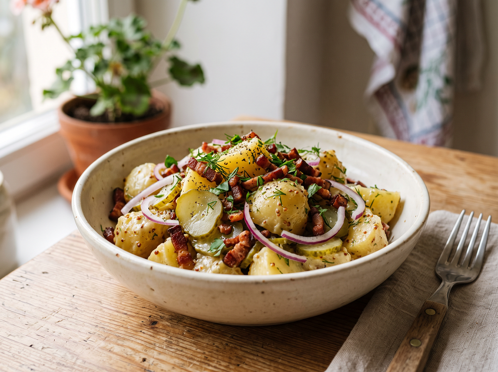 Картофельный салат с беконом и огурцами