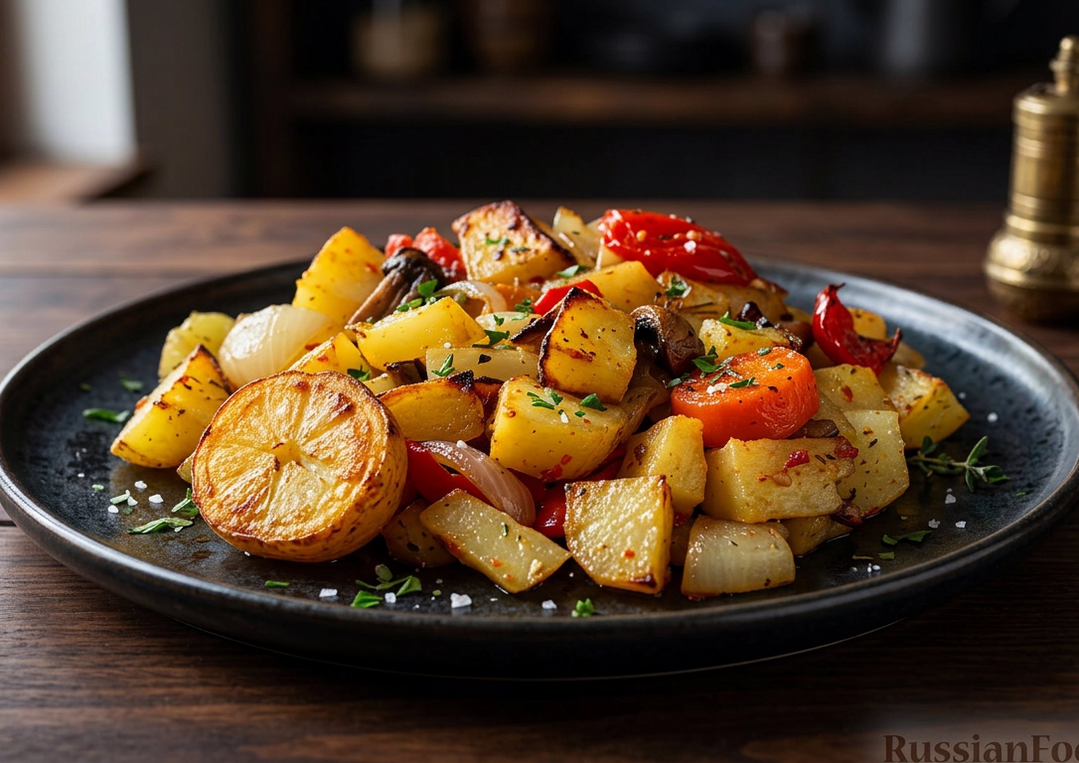 Картофель с овощами и грибами